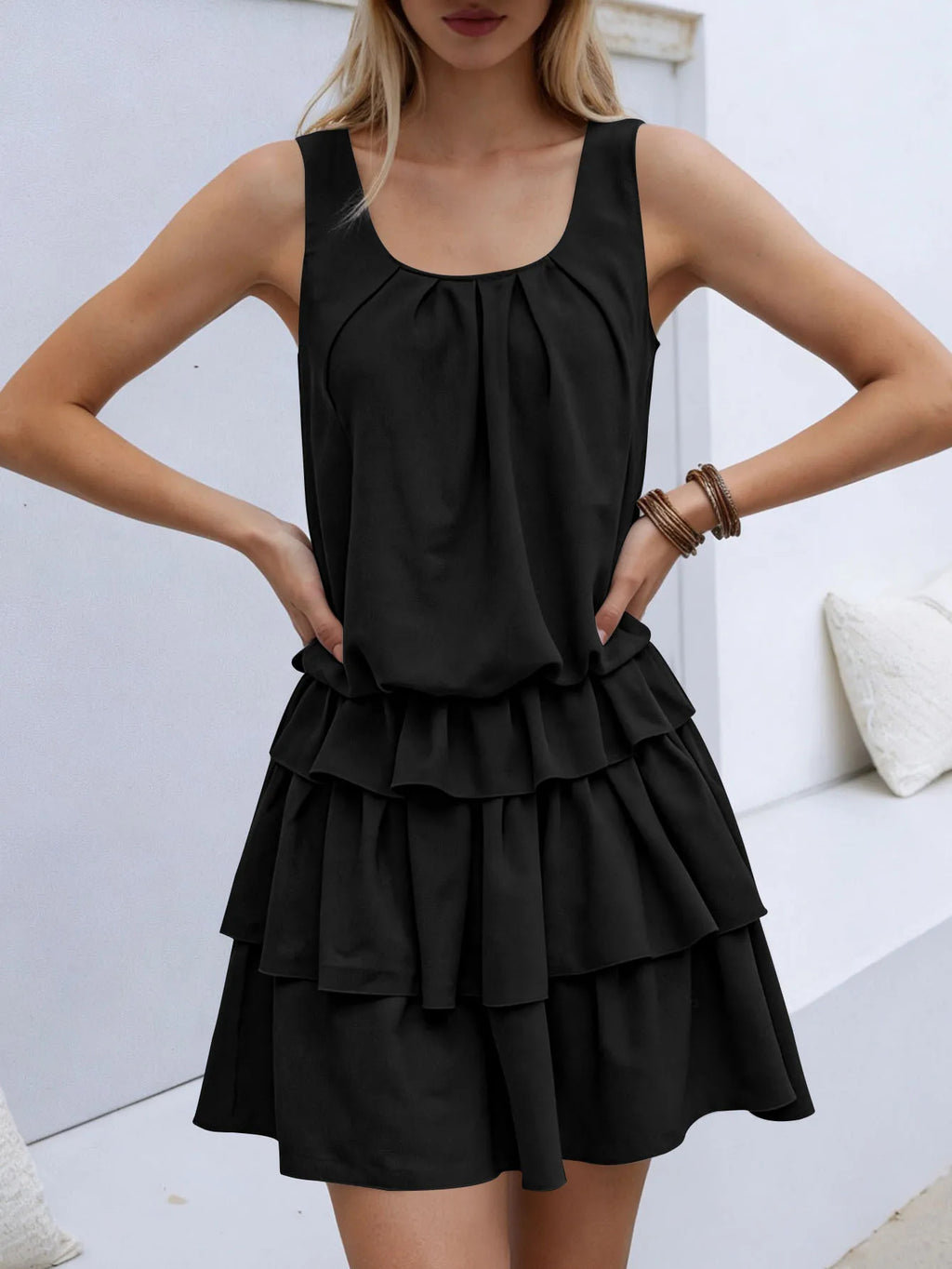 Mini Casual Dress Layered Ruffles Flounce Sleeveless Summer Loose Fashion S-2XL