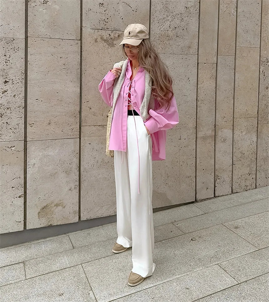 Oversized Shirt Women's Lace -up Cross Tie Pink Loose Casual Long Sleeve Top
