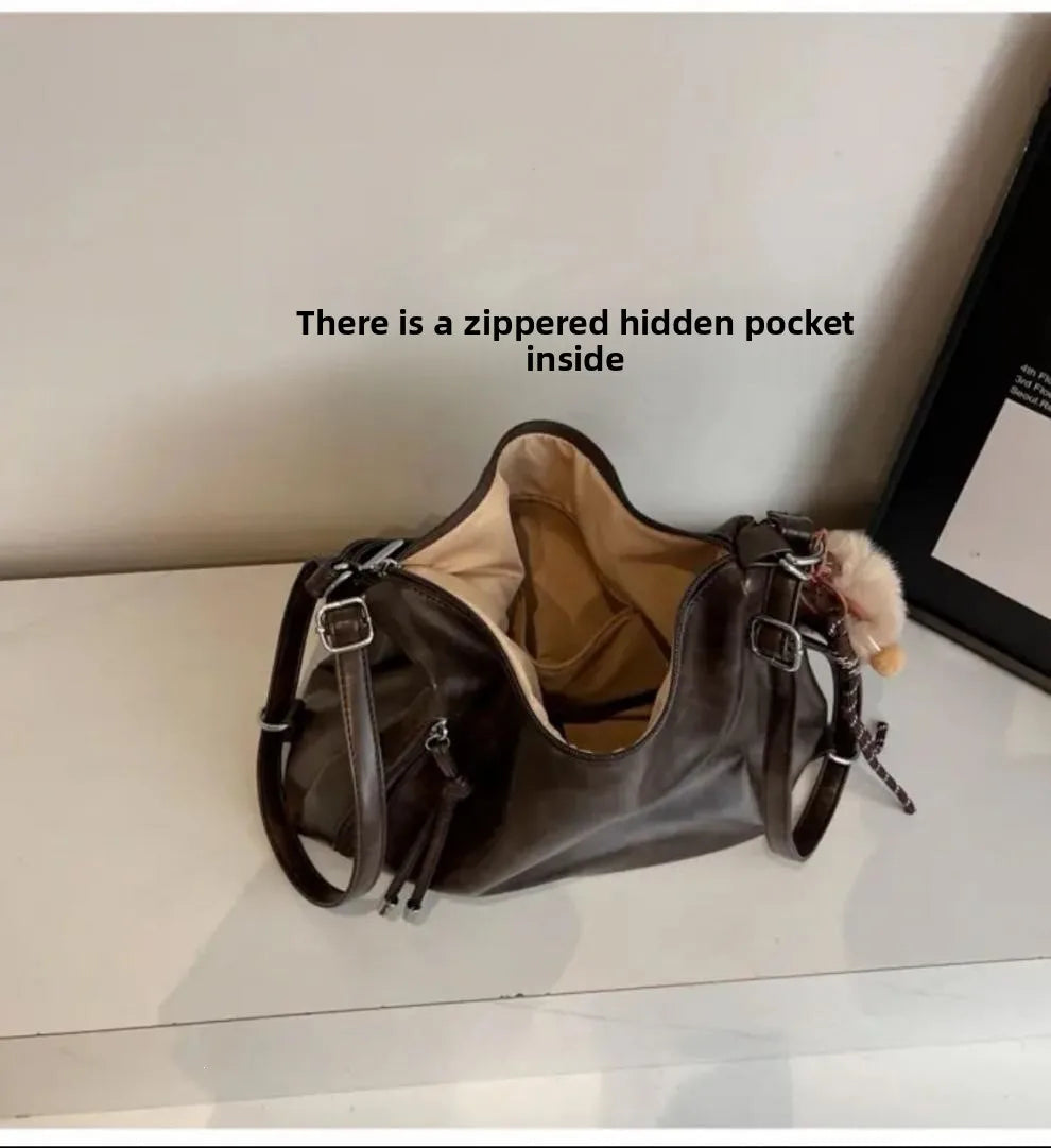 Women's Large Shoulder Bags Pu Leather Black Outer Zip Pocket Casual Handbag