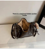 Women's Large Shoulder Bags Pu Leather Black Outer Zip Pocket Casual Handbag