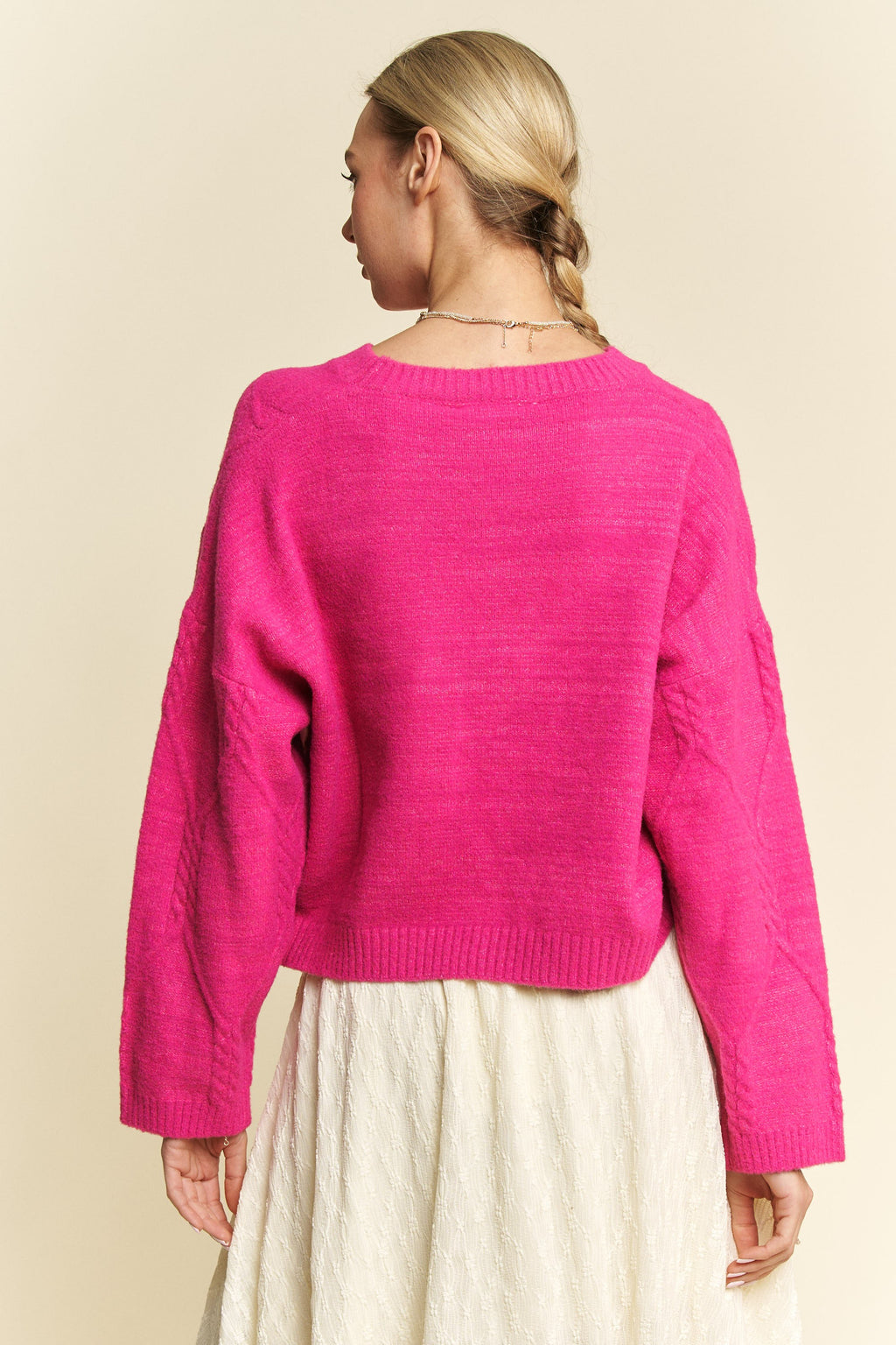 Davi & Dani USA Pink Sweater Diamond Cable Knit Pattern Long Sleeve Pullover 11a10e88-b2f3-4098-b5f5-d5d52cd055d3-Max Trendsi