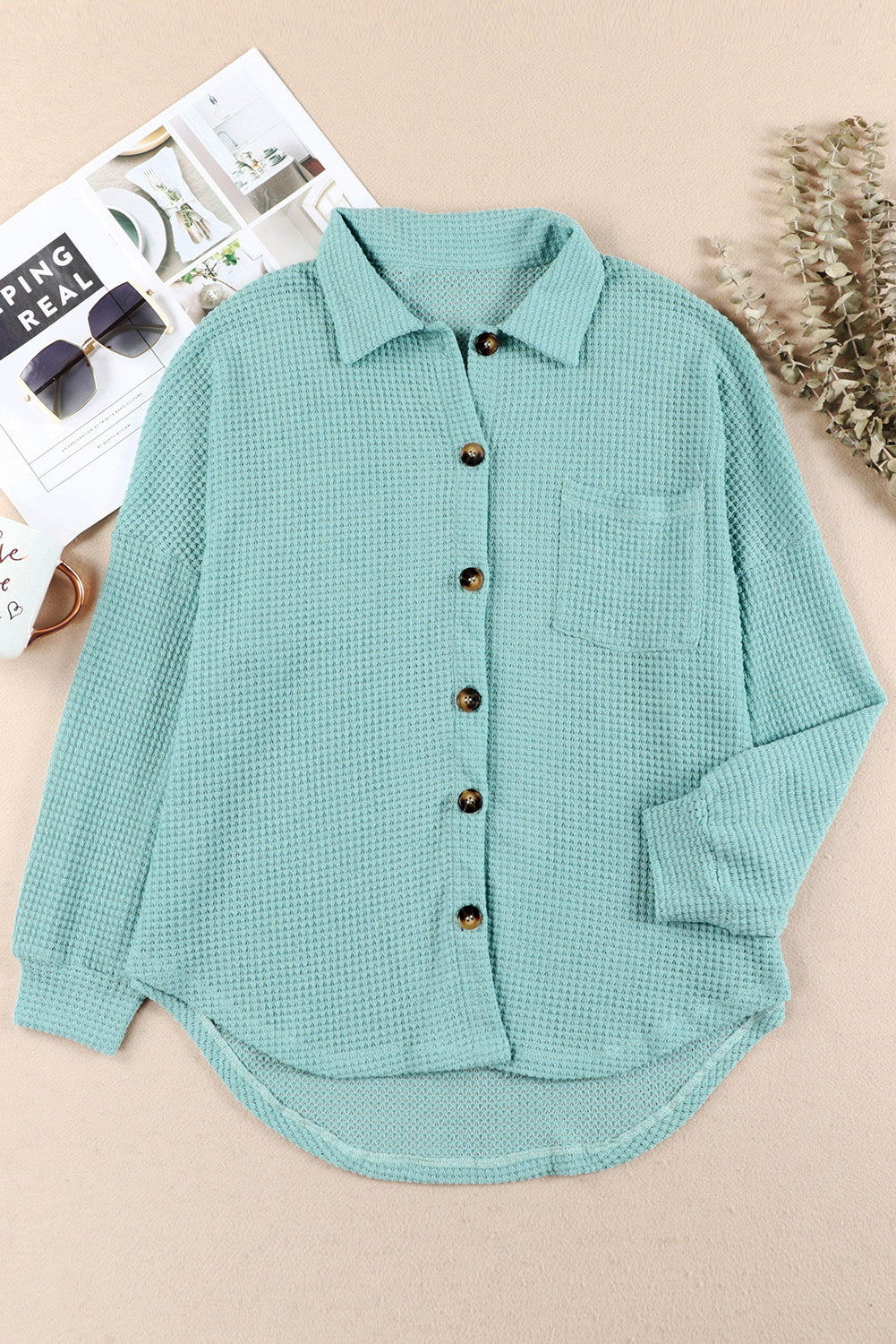 Waffle-Knit Women Shirt Collared Neck Long Sleeve Pocketed Single Breasted 11a235fb-0681-4f57-b594-0042b366bd89-Max Trendsi