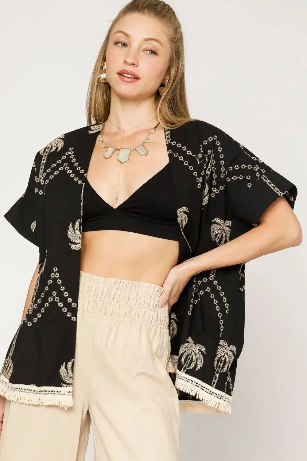 Umgee Kimono Black Floral Embroidered Open Front Fringe Women's Top Black