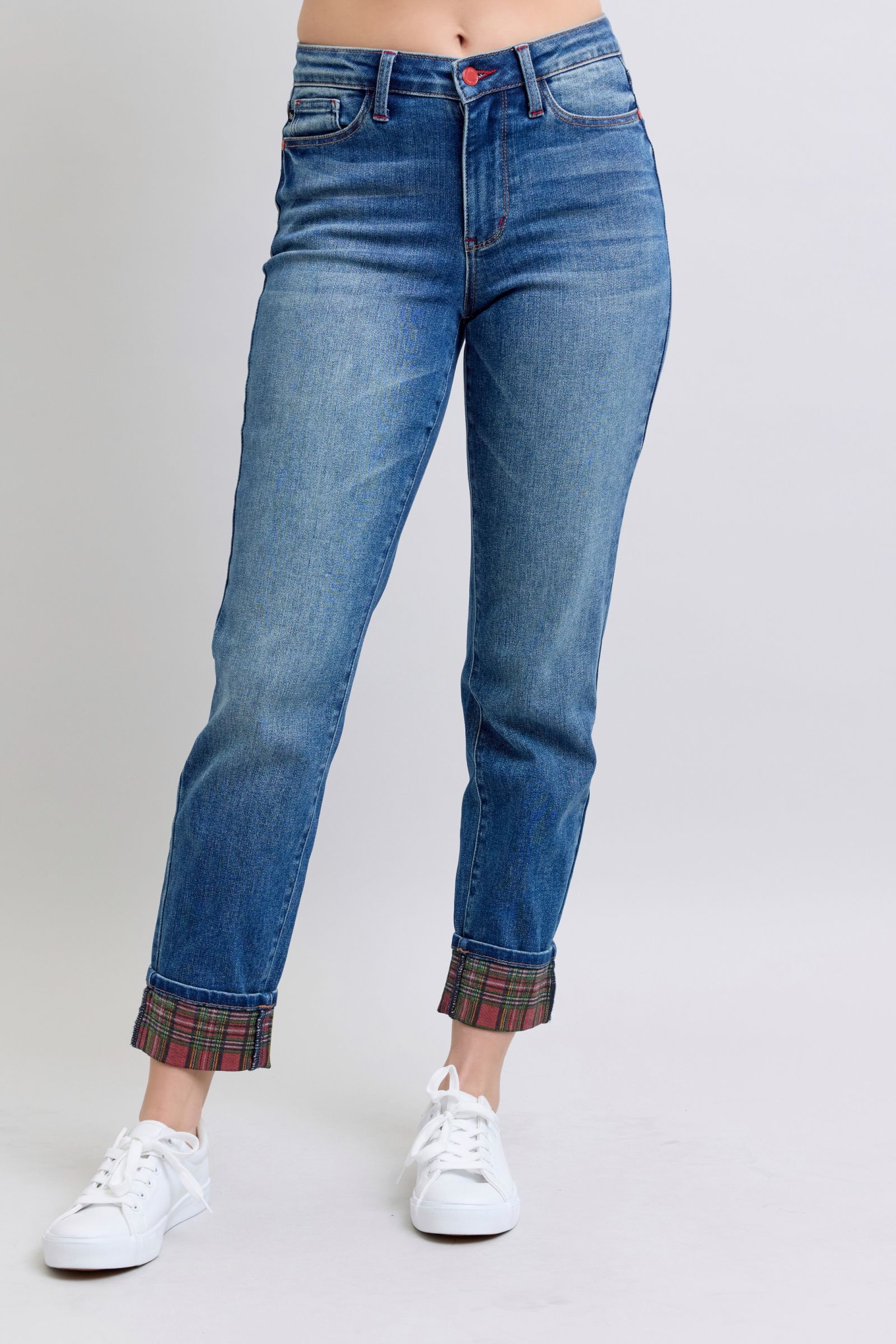 Judy Blue Women Jeans Plaid Print Cuff Straight Leg Blue Pants with Pockets