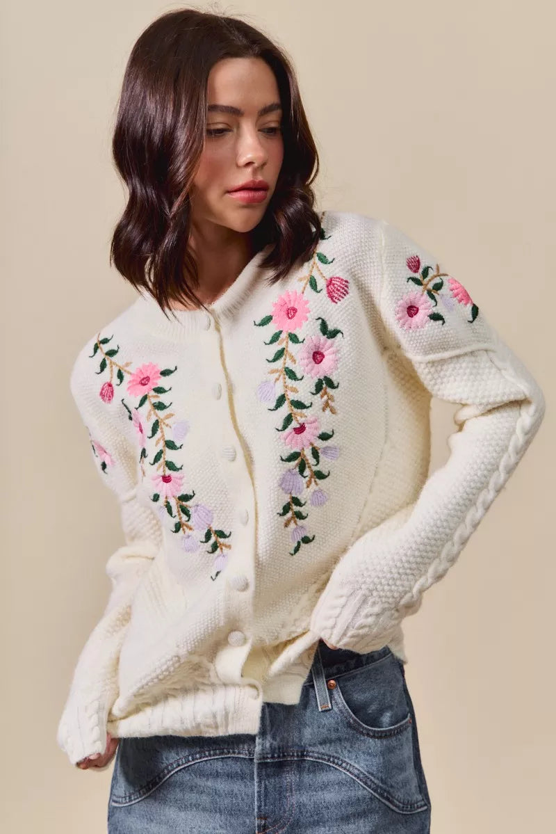 SO ME Women's Sweater Cardigan Floral Embroidered Coquette Ivory Cable-Knit 11bbd049c9854bc0abe349cf02c5f694-Max-Origin Trendsi
