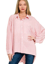 Zenana Oversized Striped Shirt Red Woven Button-up Long Sleeve Top