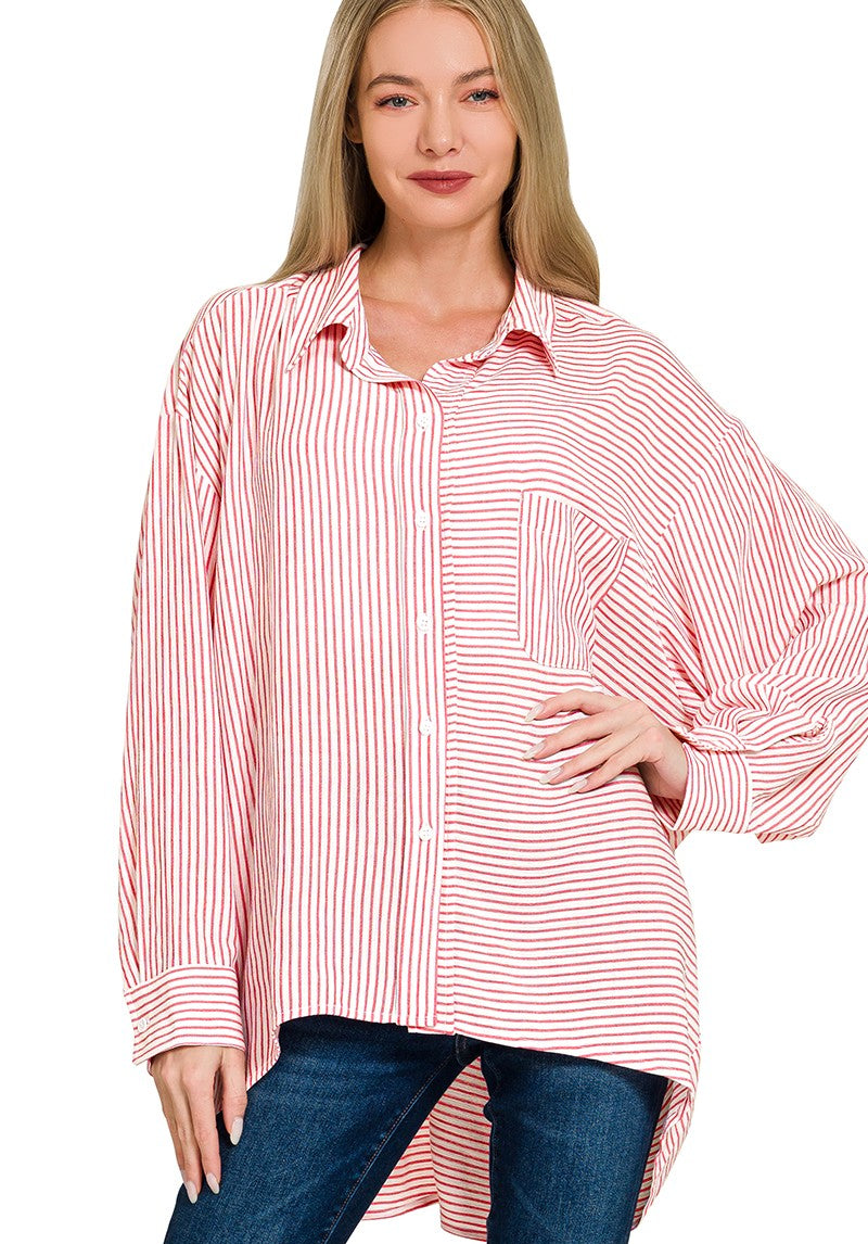 Zenana Oversized Striped Shirt Red Woven Button-up Long Sleeve Top