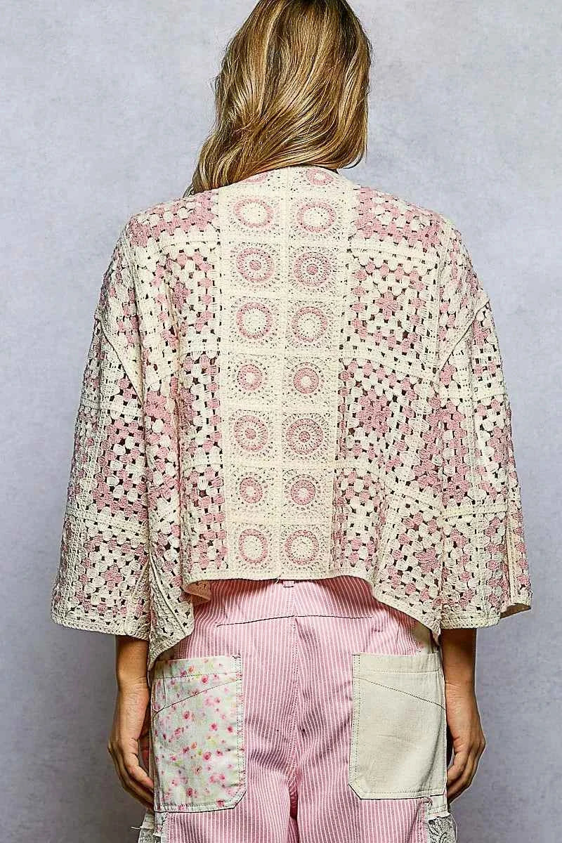 POL Crochet Cardigan Pink Multi Open Front with Granny Square Pattern 11ccff45-3da7-4095-8d1f-5e150d7287a0-Max-Origin Trendsi