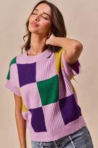 SO ME Casual Sweater Top Women Mardi Gras Check Plaid Short Sleeve Top 11ce720daa6d446781df2dd9051a2a25-Max-Origin Trendsi