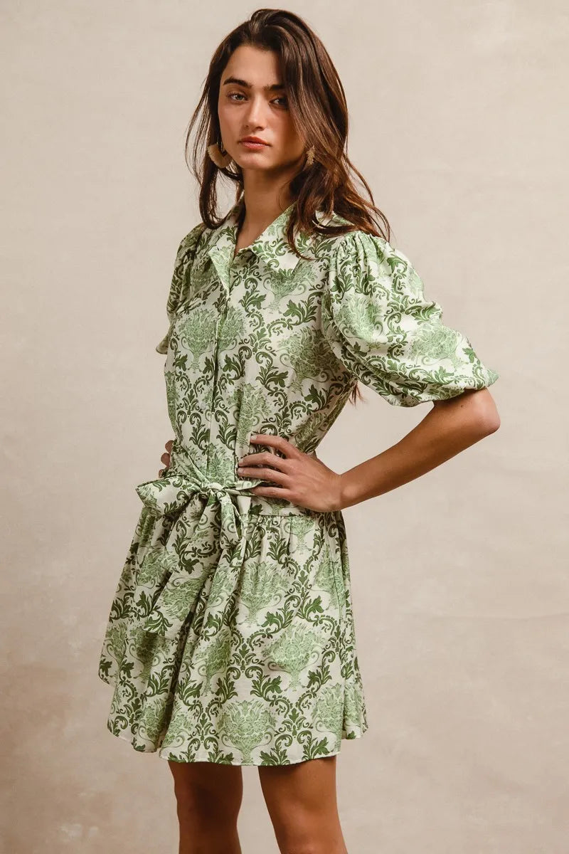 BiBi Mini Shirt Dress Green Cream Floral Bow Tied Belt Short Sleeve 11d0ca347f224c6ab83e35a212902c97-Max-Origin Trendsi