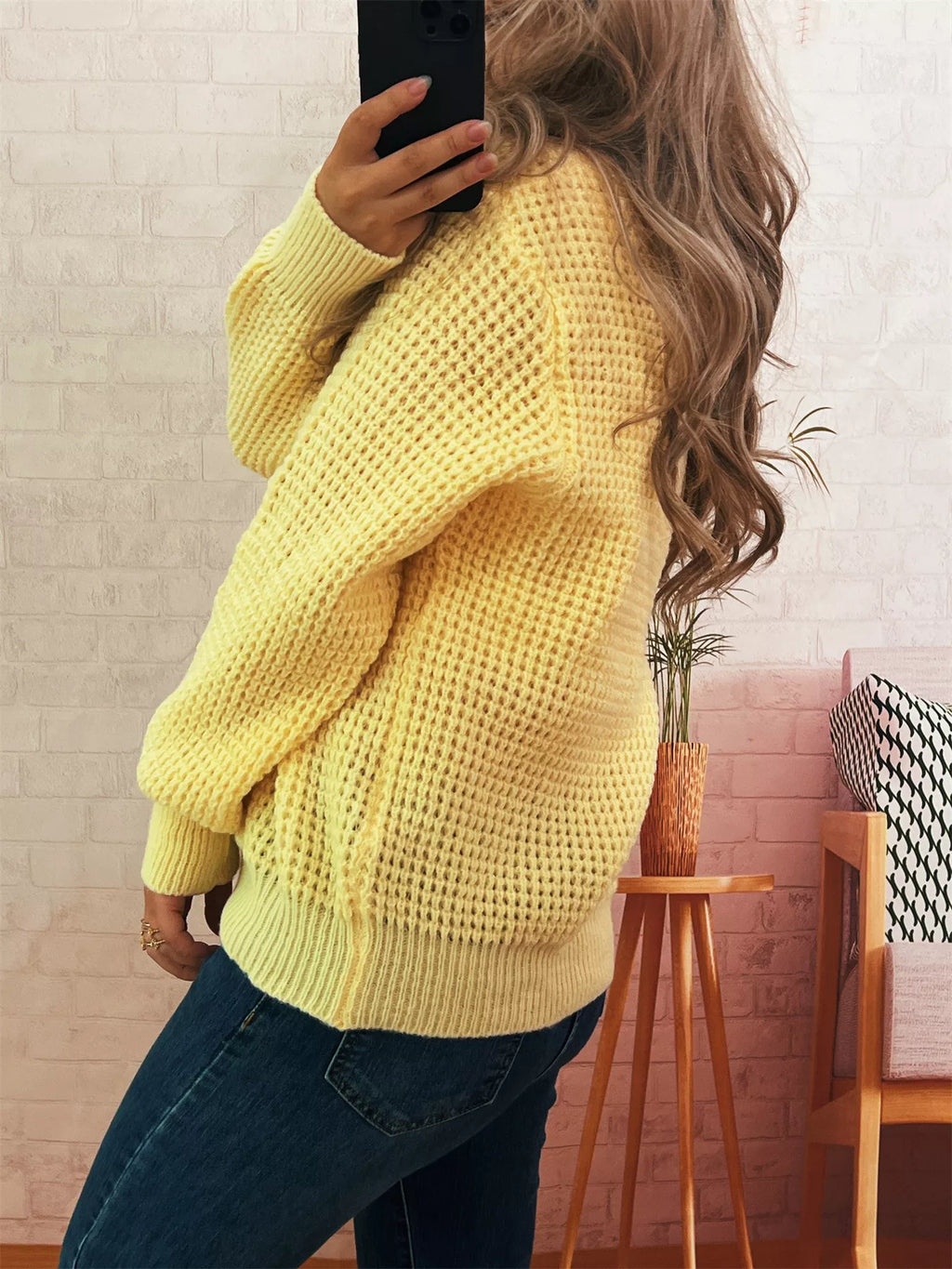 Women's Sweater V-Neck Textured Knit Loose Pullover 11e5e92f50d54434956acbb6057454be-Max-Origin Trendsi