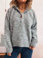 Women's Sweater Quarter Zip Hooded Ribbed Hem Long Sleeve Knitwear 11fe5407945c4f3ea2be4fa1f45bc1f6-Max-Origin Trendsi
