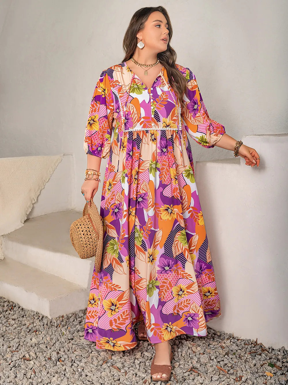 Plus Size Printed Tie Neck Maxi Dress with Button Detail and Side Slit