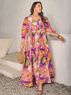 Plus Size Printed Tie Neck Maxi Dress with Button Detail and Side Slit