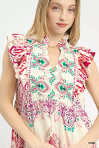 Umgee Midi Dress Pink Boho Boarder Print Ruffle Short Sleeve 12090025-4687-4fa7-b837-2135667ff0de-Max-Origin Trendsi