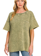 Zenana French Terry Washed Drop Shoulder Raw Edge Top