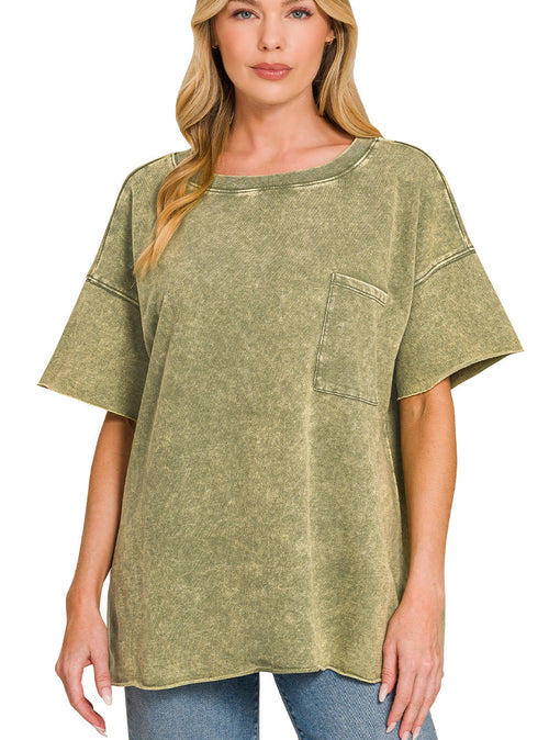 Zenana French Terry Washed Drop Shoulder Raw Edge Top