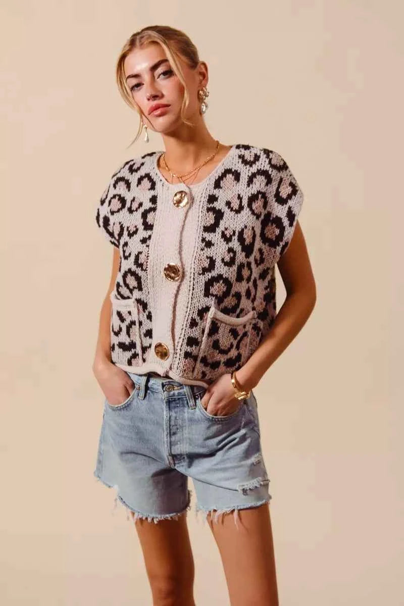 SO ME Big Metal Button Front Leopard Sweater Vest Top