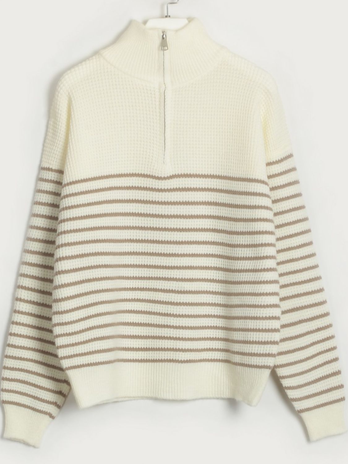 Women Striped Sweater Half Zip High Neck Long Sleeve Soft Knit Pullover