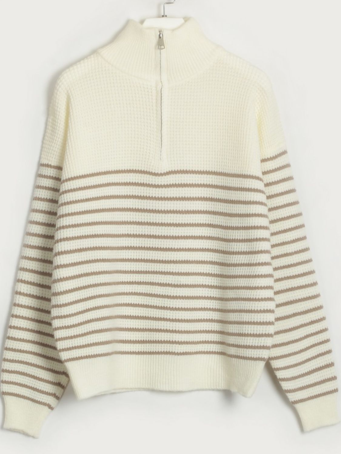Women Striped Sweater Half Zip High Neck Long Sleeve Soft Knit Pullover 1211366b-c574-4479-8850-ff4374e99e24-Max Trendsi