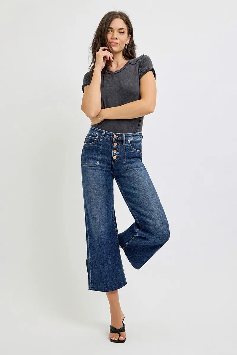 RISEN Crop Jeans Women's High Rise Wide Button Up Dark Washed 12134b80dc2d4a35a71972f3ab6971ce-Max-Origin Trendsi