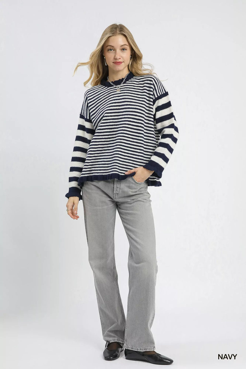 Umgee Womens Sweater Navy Striped Ruffle Neck Loose Pullover 121e1320-b517-4bd1-8023-efbef09d3f24-Max-Origin Trendsi