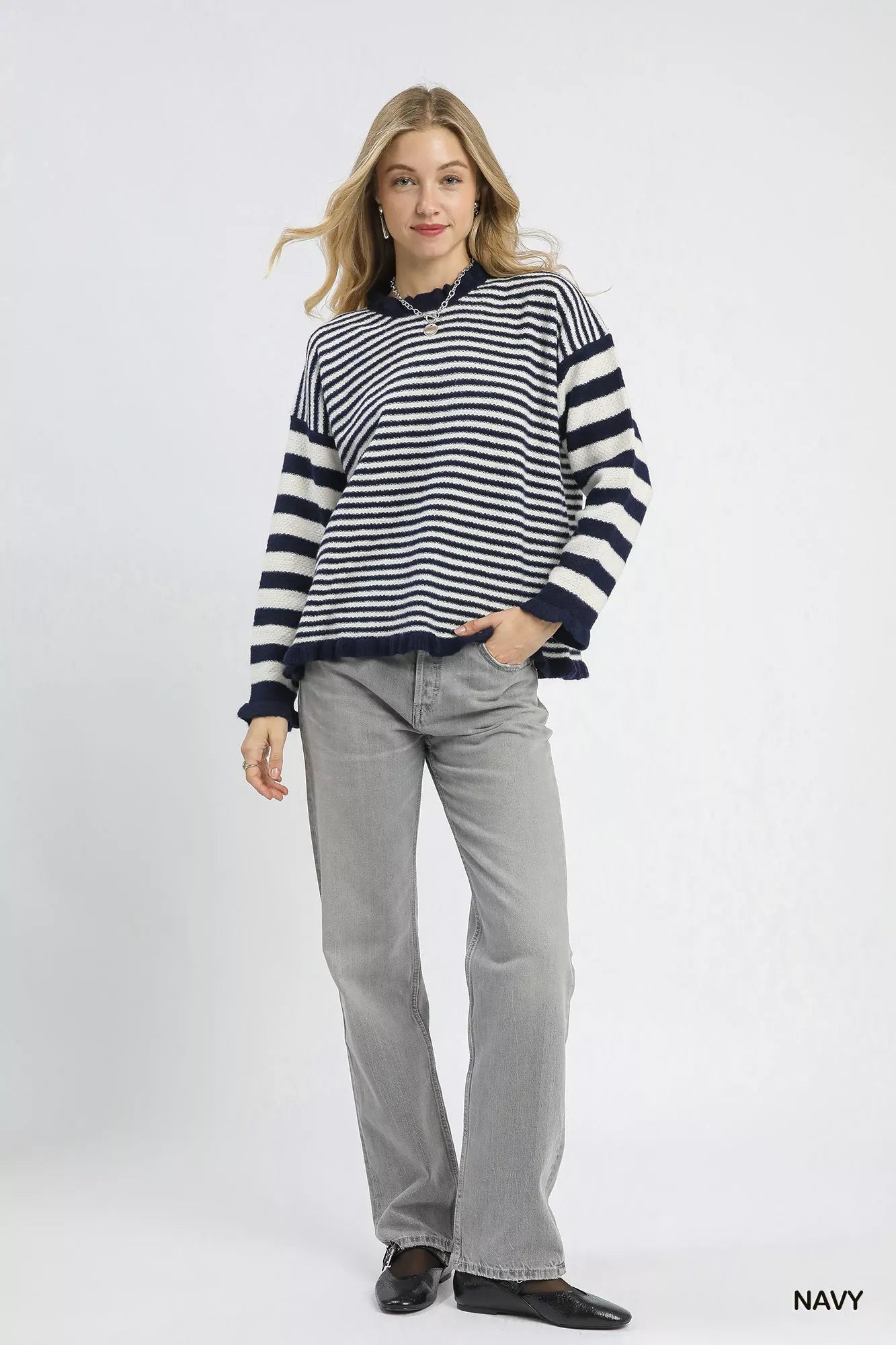 Umgee Womens Sweater Navy Striped Ruffle Neck Loose Pullover 121e1320-b517-4bd1-8023-efbef09d3f24-Max-Origin Trendsi