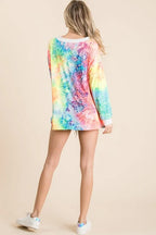 BiBi Tie Dye Womens Top Deep V-neck Blouse With Lace Up Front 1225b44199144ea19b5f39bad6f6930e-Max-Origin Trendsi