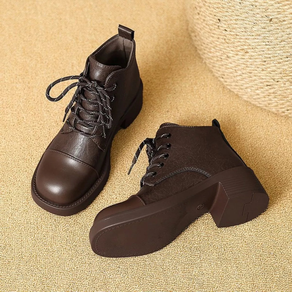 Women's Ankle Boots Pu Leather Round Toe Block Mid Heels Shoes 122c102c231547a38cbf5fc2bb88d819-Max-Origin Trendsi