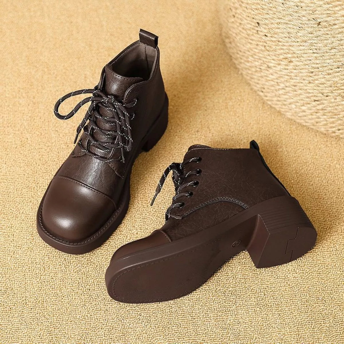 Women's Ankle Boots Pu Leather Round Toe Block Mid Heels Shoes 122c102c231547a38cbf5fc2bb88d819-Max-Origin Trendsi