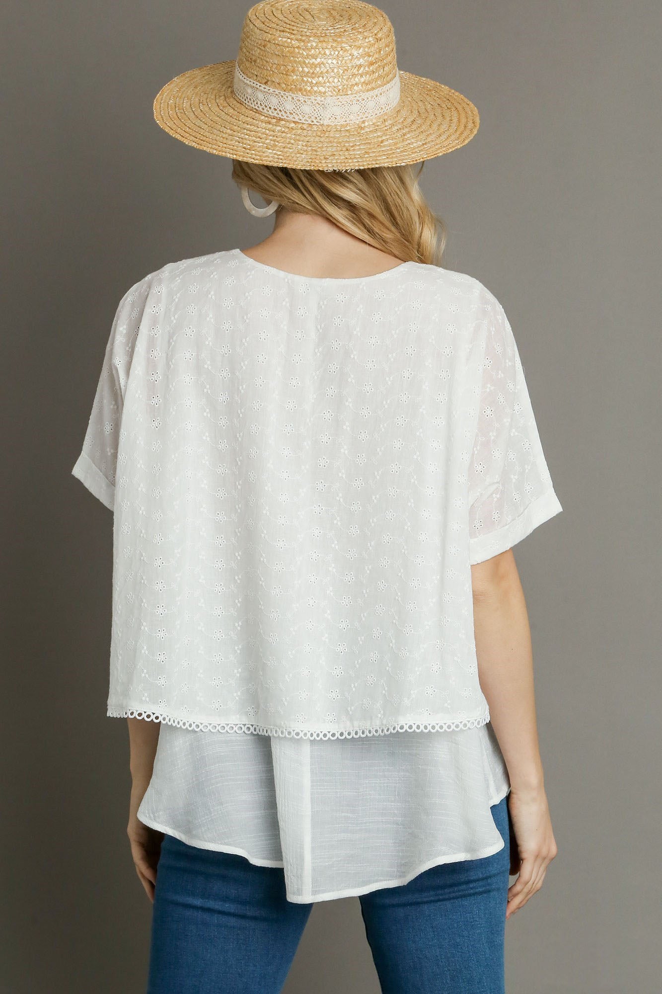 Umgee Blouse White Eyelet Layered Cotton Short Sleeve Top 12331f38-f0b1-40fa-80cc-3641fc1ebfe8-Max Trendsi