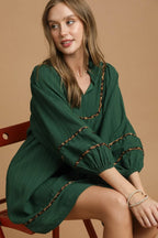 Umgee Babydoll Dress Green Textured Contrast with Leopard Trim Long Sleeve 124066b3-c2be-4b45-b181-7c41974ec03d-Max-Origin Trendsi
