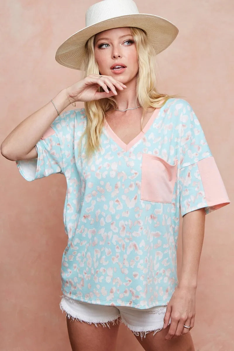 BiBi T-Shirt Mint Pink Multi Color Leopard Printed French Terry Pocketed Top MINT COMBO 1240a4c0bd0f49b5a51ceca87a78749b-Max-Origin Trendsi