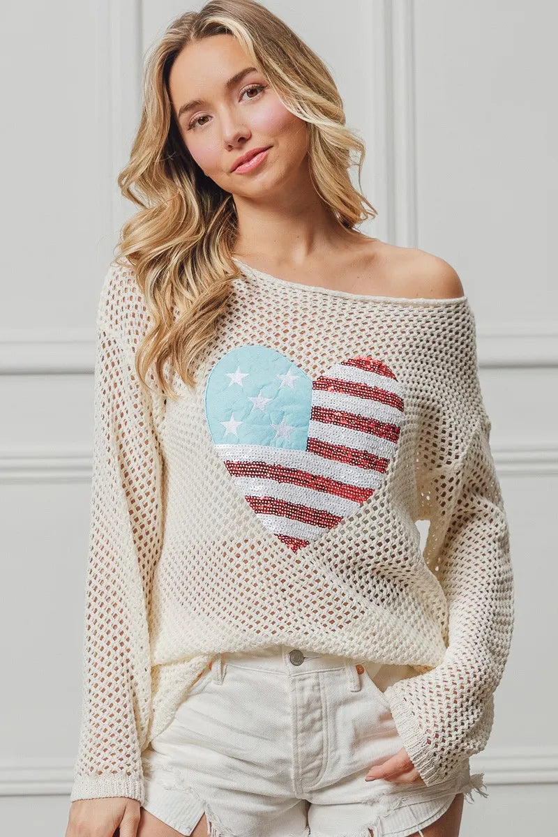 BiBi Knit Top Sequin American Flag Heart Up Embroidered Long Sleeve 1245d378aaa94e8a8703987f55ab1c9c-Max-Origin Trendsi