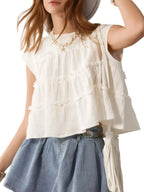 Tiered Cap Sleeve Ruched Blouse, 100% Polyester, No Stretch