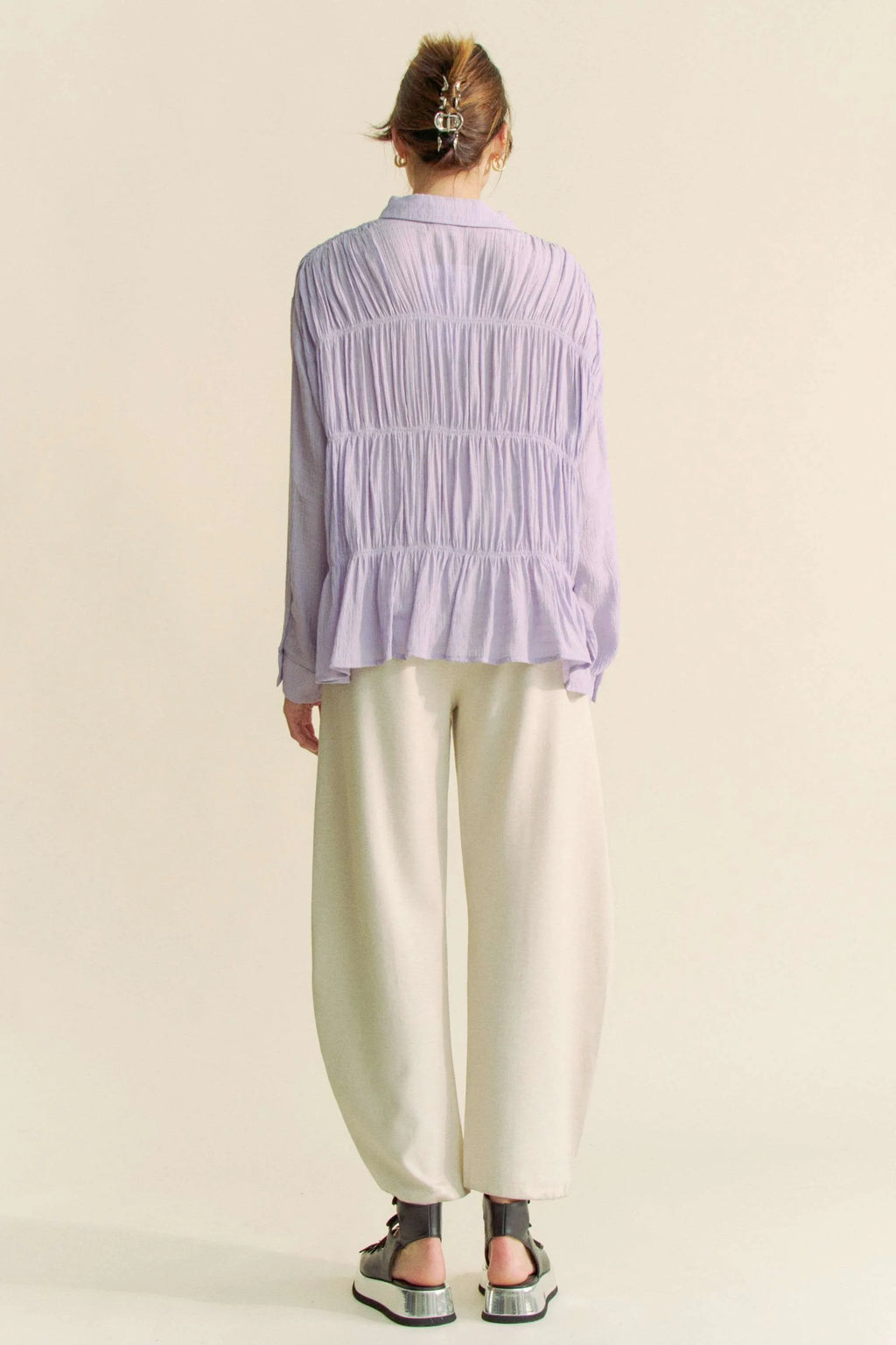 Davi & Dani Women's Shirt Ruched All Over Button Front Long Sleeve Top 125be9a599784d9598716d5f4cc784e7-Max-Origin Trendsi