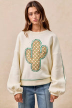 BiBi Womens Sweatshirt Cactus Embroidered Cream Fleece Pullover 125c82fdf18e4da8af1c9f2dbf816564-Max-Origin Trendsi