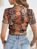 Black Floral Mesh Crop Top with Lettuce Trim Women's Sheer Blouse 1262c5fed2794e30a97dfc12a4d95f54-Max-Origin Trendsi
