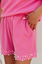 Outfit Set Pink Wpmen's Pearl Ruffled Embellished Top and Shorts Set 126e219b-b8e3-44c7-a5c7-29147c1051a9-Max-Origin Trendsi