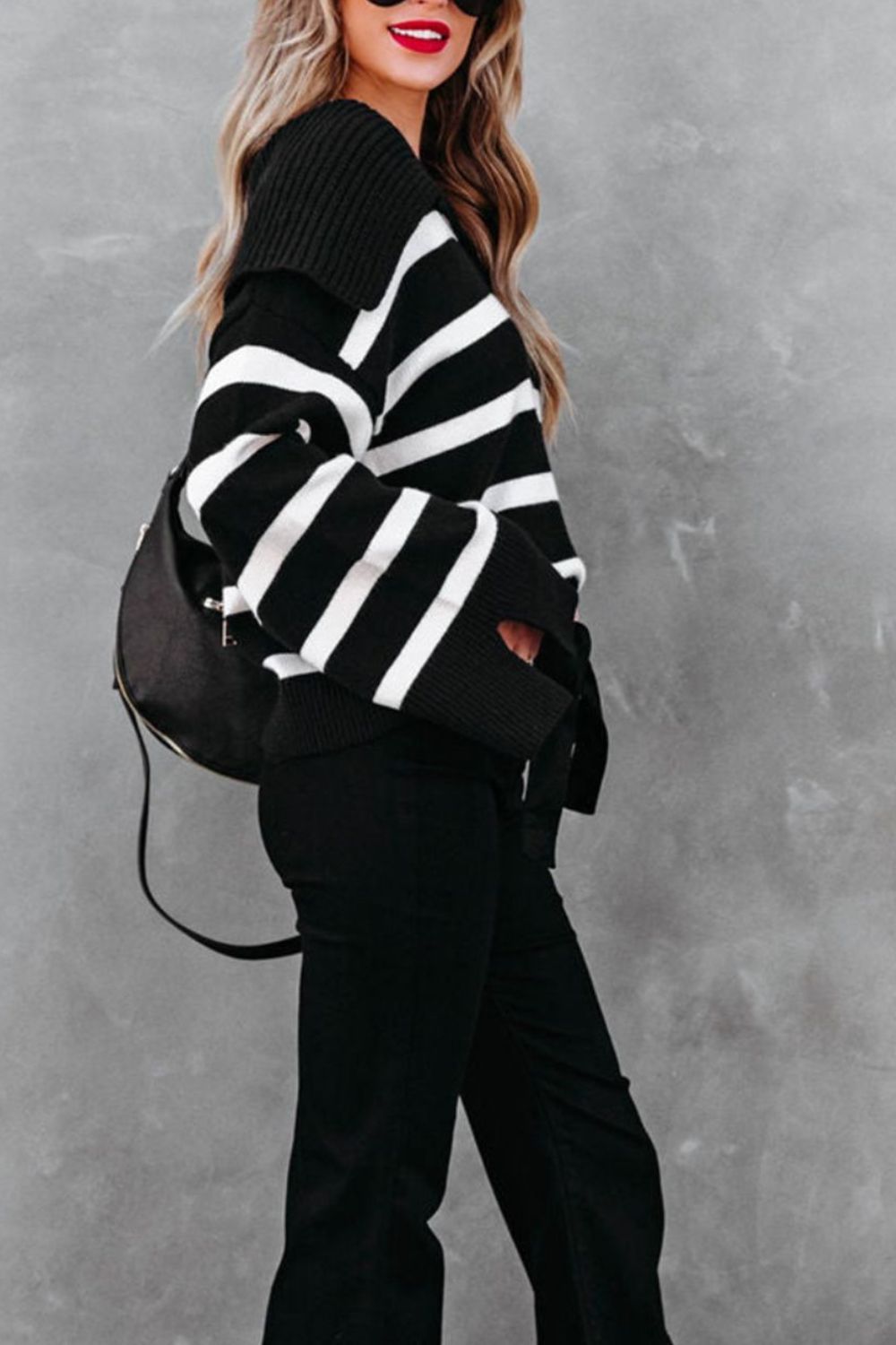 Striped Women Sweater V Neck Oversized Johnny Collar Long Sleeve Pullover