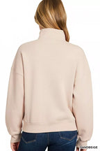 Zenana Women's Sweatshirt Beige Fleece High Neck Half Zip Top 127431f6-60b6-4d9c-80ea-e58c110dafd7-Max-Origin Trendsi