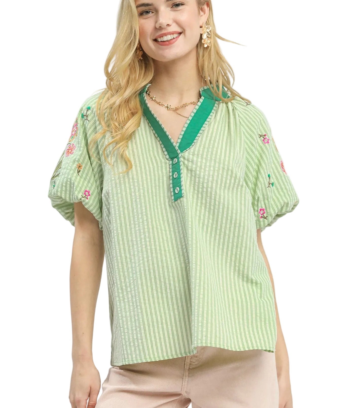 Umgee Embroidered Vertical Stripe Top with Button Placket and Short Dolman Sleeves