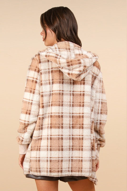 VERY J USA Women Hooded Jacket Fuzzy Plaid Long Sleeve Camel Pocketed 128271f6-7ee1-4db3-a1f3-2227d97af18b-Max Trendsi