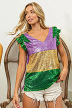 BiBi Womens Blouse Mardi Gras Sequin Color Block Ruffled Top Short Sleeve 1288e502ad1a4ac98bd7887434cc9af4-Max-Origin Trendsi