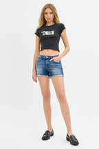 RISEN Denim Shorts Women's Low Rise Frayed Raw Hem Dark Wash 1289b01394a948bbb5ade274897c9272-Max-Origin Trendsi