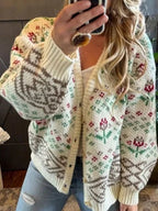 Women's Cardigan Beige Floral Knit Pattern Button-Up Long Sleeve 12920c03-62c7-4a0a-9f67-e56cd559eacd-Max-Origin Trendsi