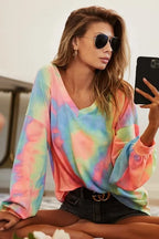 BiBi Tie Dye Womens Blouse Pastel French Terry V Neck Top Long Sleeve 12986652b9fd4a66be10ad7a50b00f75-Max-Origin Trendsi
