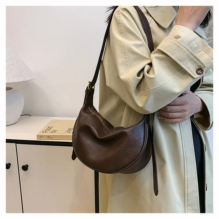 Crescent Shoulder Bag with Plush Charm Medium Zipper Soft Pu Leather Crossbody