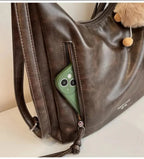 Women's Large Shoulder Bags Pu Leather Black Outer Zip Pocket Casual Handbag