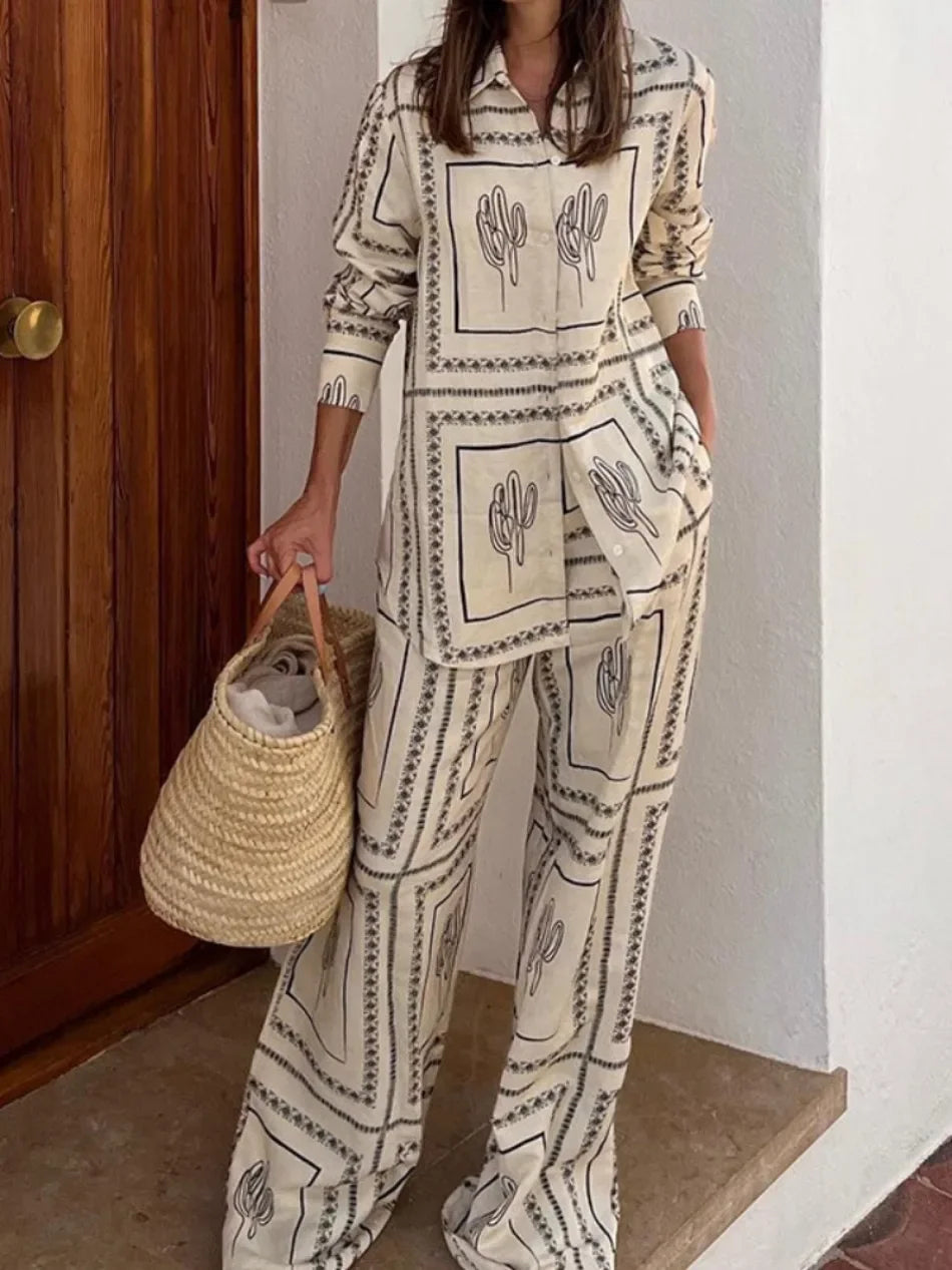 Women's Casual Fashion Outfit Set Cactus Print Long Sleeve Shirt Wide Leg Pants